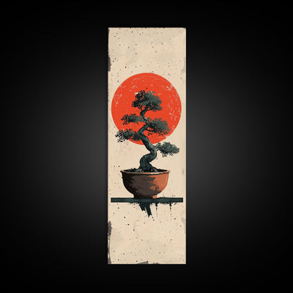 Canvas Print Bonsai Tree Silhouette Against Red Sun, Minimalistic Japanese Style Art For Modern Home, Wall Decoration