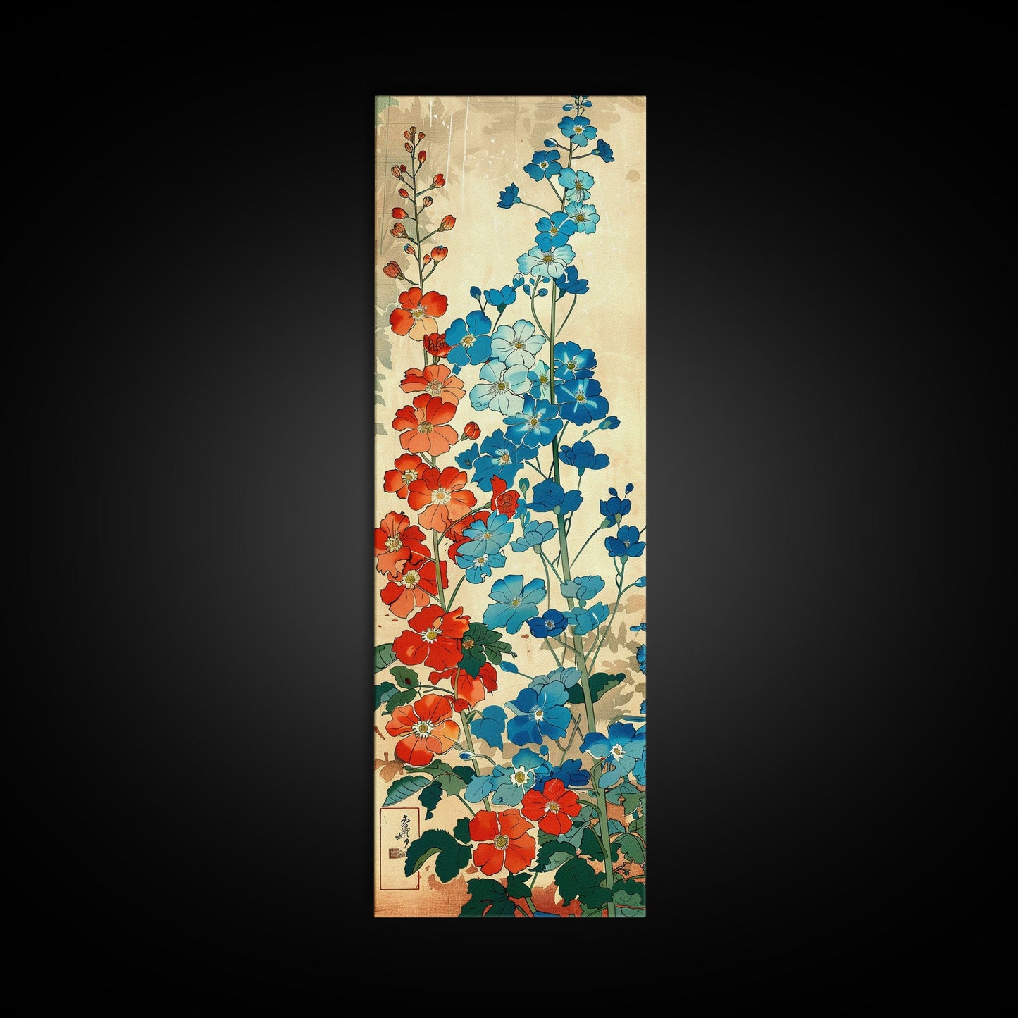 Delphinium Flowers Japanese Garden Art In Traditional Ukiyo-e Style Framed Canvas Print Tall Skinny Wood Block Floral Wall Decor