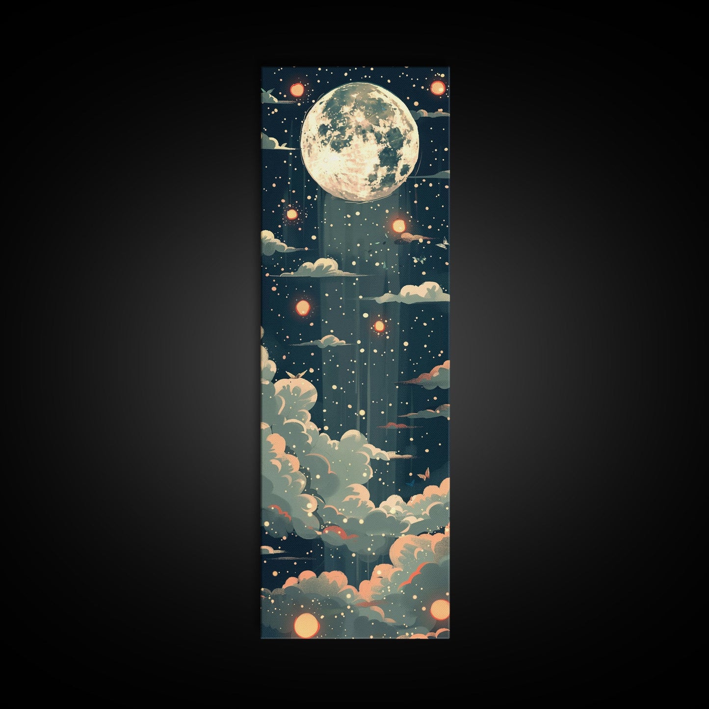 Moonlit Night With Japanese Lanterns Art On Framed Canvas Print In Ukiyo-e Style Tall Skinny Ethereal Wood Block Wall Decor