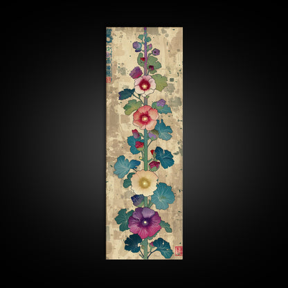 Colorful Hollyhock Flowers Traditional Japanese Woodblock Style Tall Skinny Framed Canvas Print Wall Art