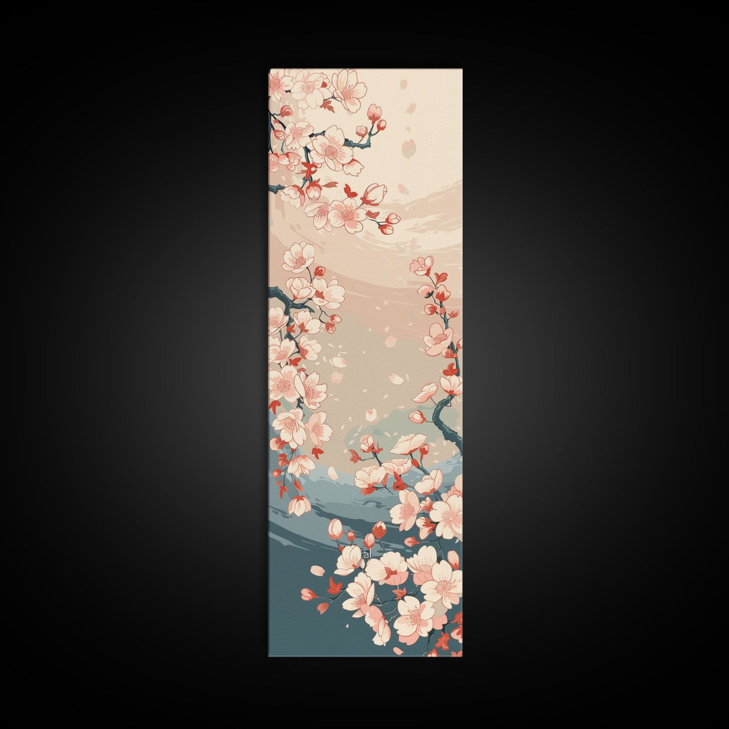 Cherry Blossom Branches Pale Background Japanese Style Tall Skinny Framed Canvas Print Wall Art