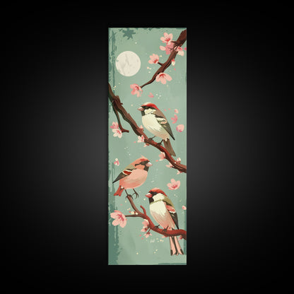 Delicate Sparrows Perched On Cherry Blossoms Under Full Moon Serene Nighttime Setting Captured Tall Framed Canvas Print Nature Scene