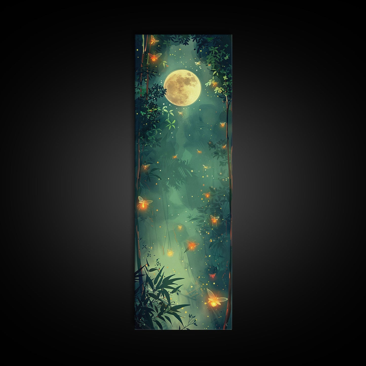 Enchanting Fireflies Illuminating Nighttime Forest Scene Under Full Moon Tall Framed Canvas Print Adding Magical Touch
