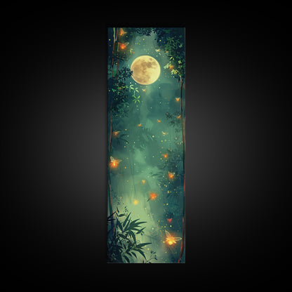 Enchanting Fireflies Illuminating Nighttime Forest Scene Under Full Moon Tall Framed Canvas Print Adding Magical Touch