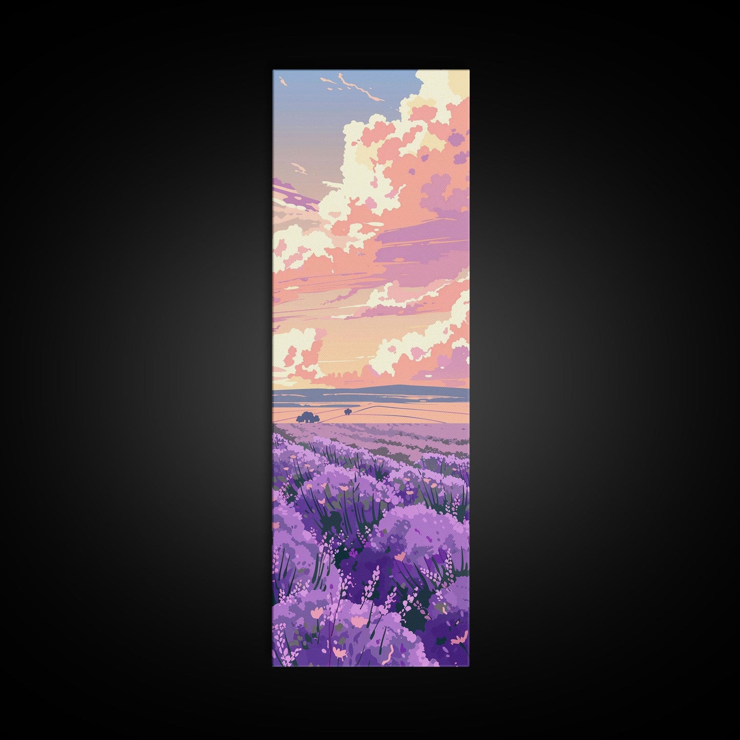 Expansive Lavender Field Beneath a Dramatic Cloudy Sky in Warm Pastel Hues Ukiyo-e Art Japanese Framed Canvas Print Skinny Tall Art