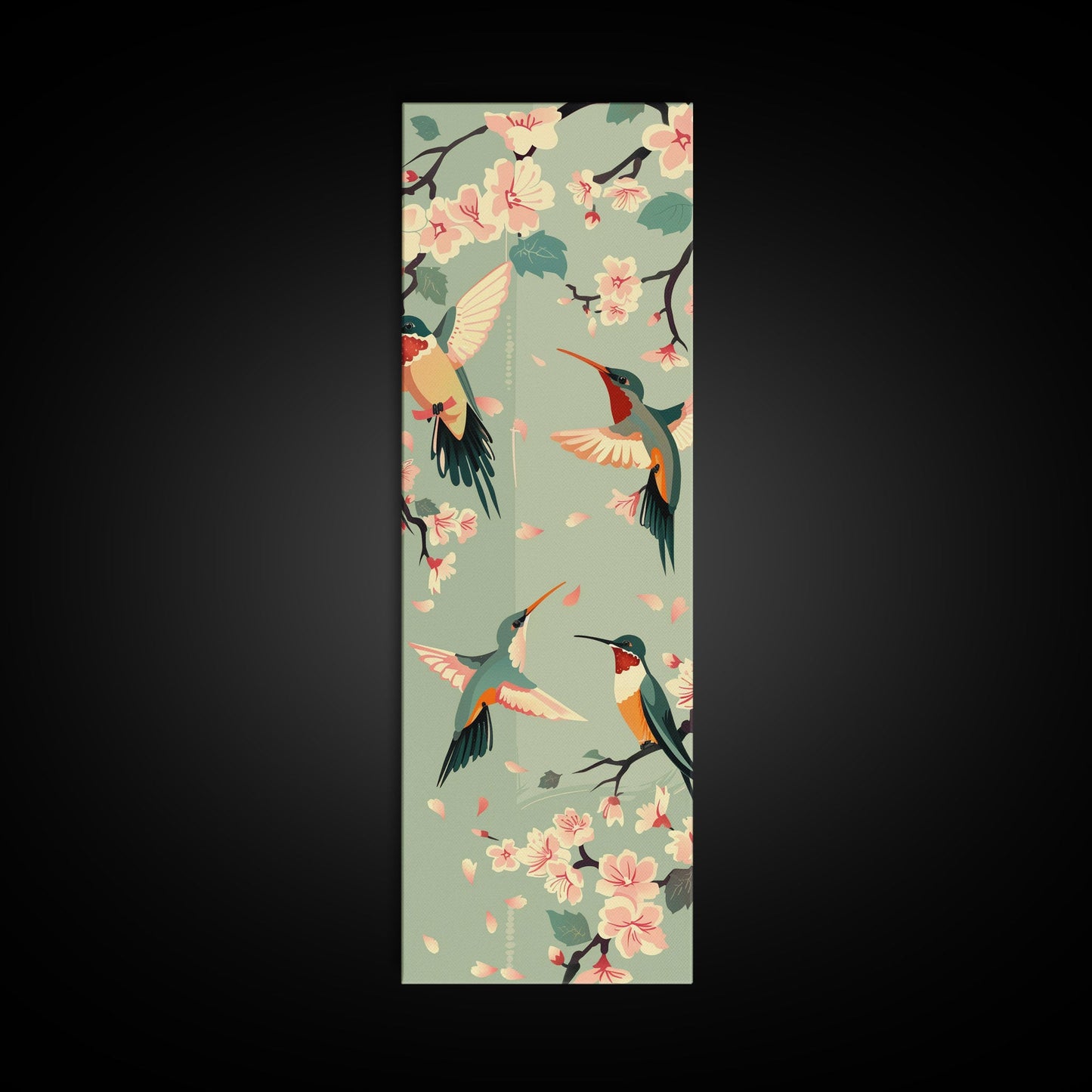 Hummingbirds And Cherry Blossoms In Japanese Style Canvas, Ukiyo-e Inspired Woodblock Art, Framed Canvas Print, Japanese Tall Skinny Wall Art, Ready To Hang