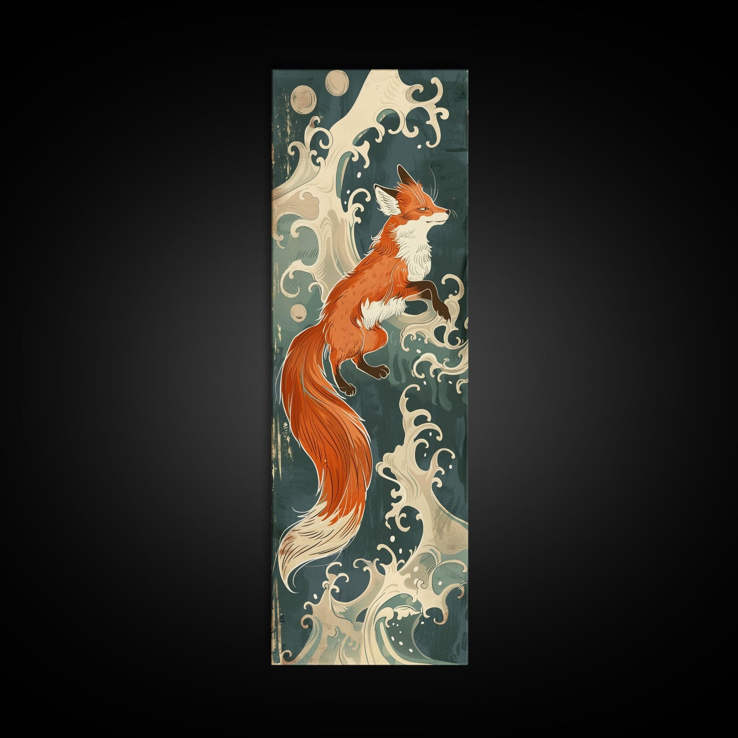 Japanese Style Art Depicting A Fox In Motion Against A Backdrop Of Foamy Waves, Skinny Art, Tall Art, Ukiyo-e Art, Framed Canvas Print, Wood Block Print