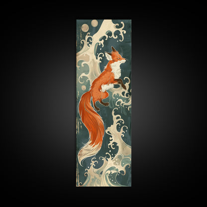 Japanese Style Art Depicting A Fox In Motion Against A Backdrop Of Foamy Waves, Skinny Art, Tall Art, Ukiyo-e Art, Framed Canvas Print, Wood Block Print