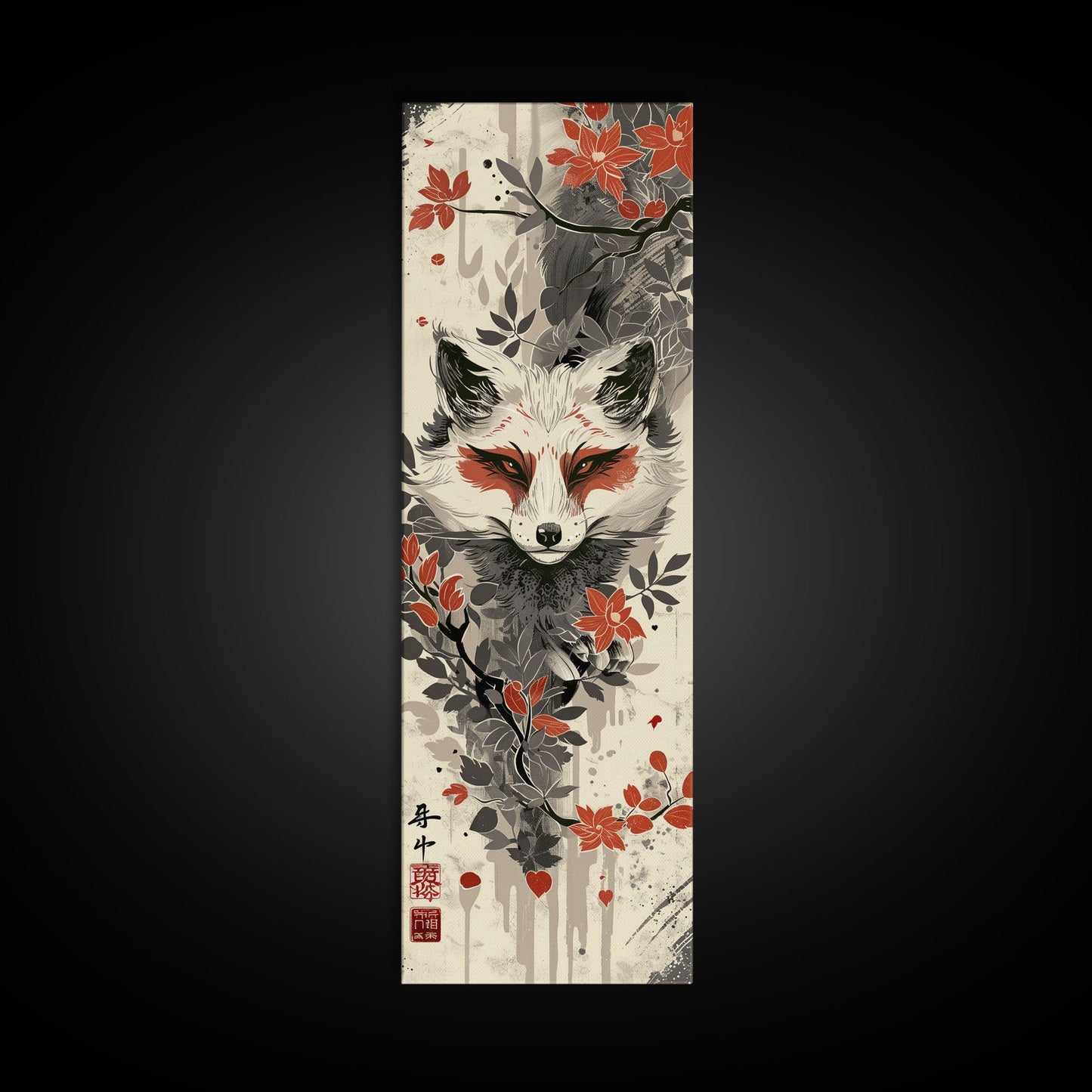 Fox Head Amidst Red Flowers On Textured Background Skinny Art Wood Block Print Framed Canvas Print