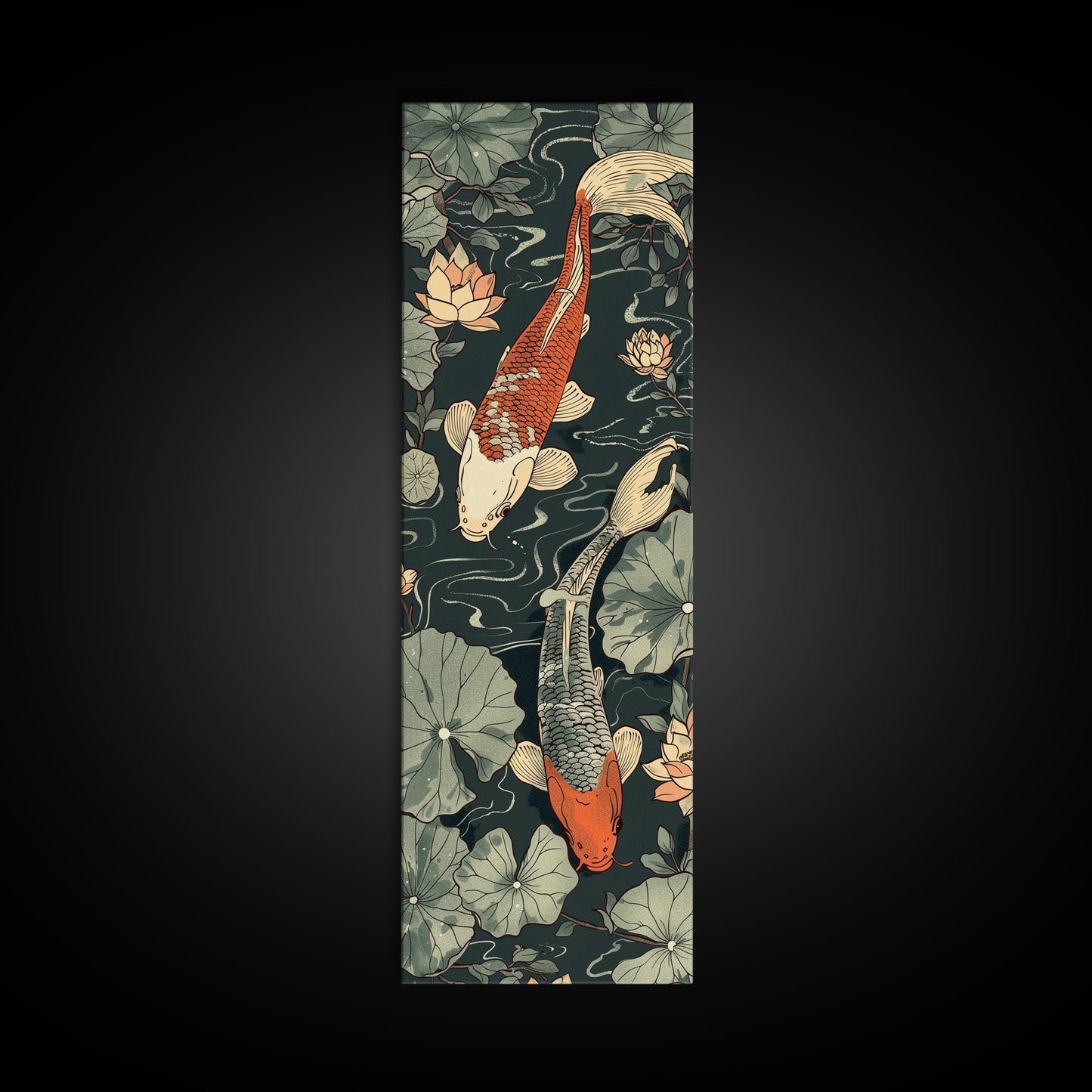 Koi Fish Swimming Gracefully Among Lotus Flowers – Framed Canvas Print Highlighting Skinny Art And Tall Art In Ukiyo-E Art And Japanese Style Art