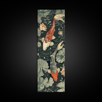 Koi Fish Swimming Gracefully Among Lotus Flowers – Framed Canvas Print Highlighting Skinny Art And Tall Art In Ukiyo-E Art And Japanese Style Art