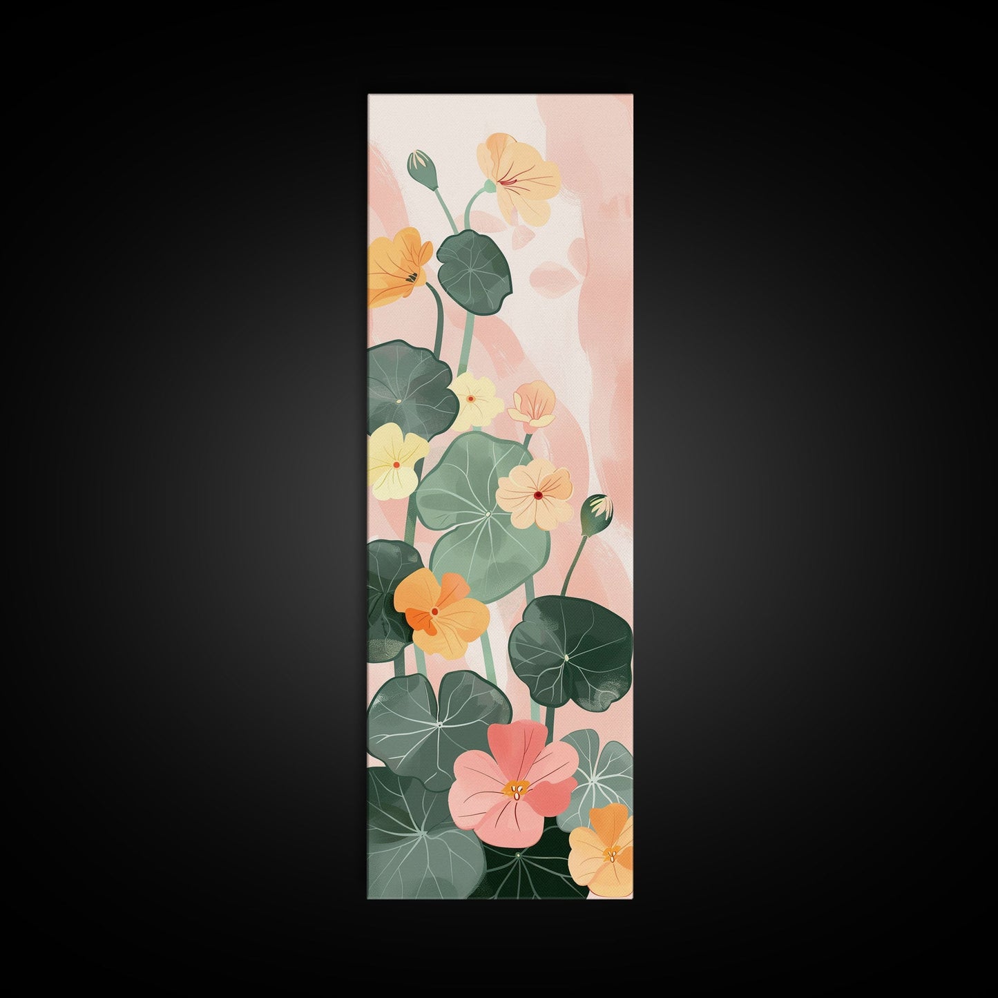 Bright And Colorful Nasturtium Flowers Ukiyo-e Style Tall Skinny Wood Block Japanese Art Framed Canvas Print