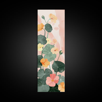 Bright And Colorful Nasturtium Flowers Ukiyo-e Style Tall Skinny Wood Block Japanese Art Framed Canvas Print