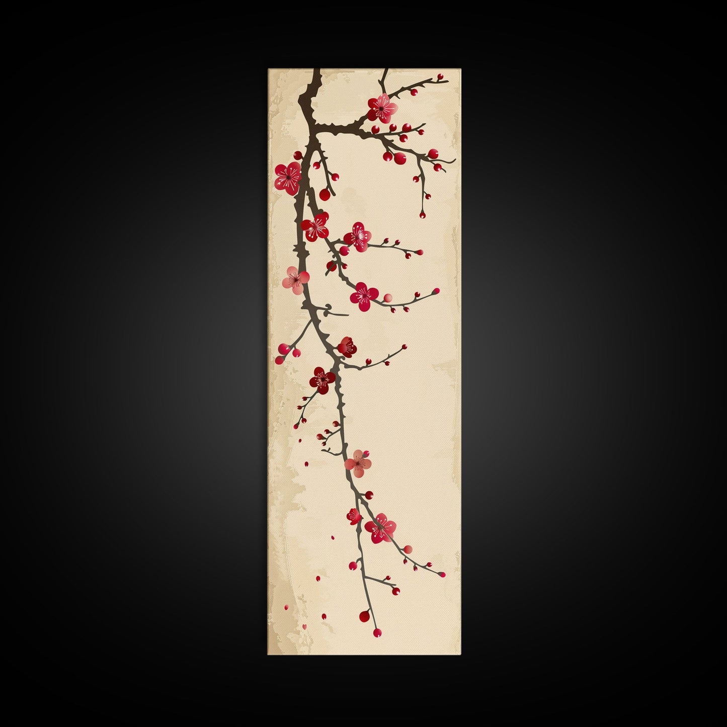 Minimalist Branch Of Red Cherry Blossoms Against Beige Background For Asian-Inspired Wall Art Decor Framed Canvas Print