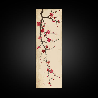 Minimalist Branch Of Red Cherry Blossoms Against Beige Background For Asian-Inspired Wall Art Decor Framed Canvas Print