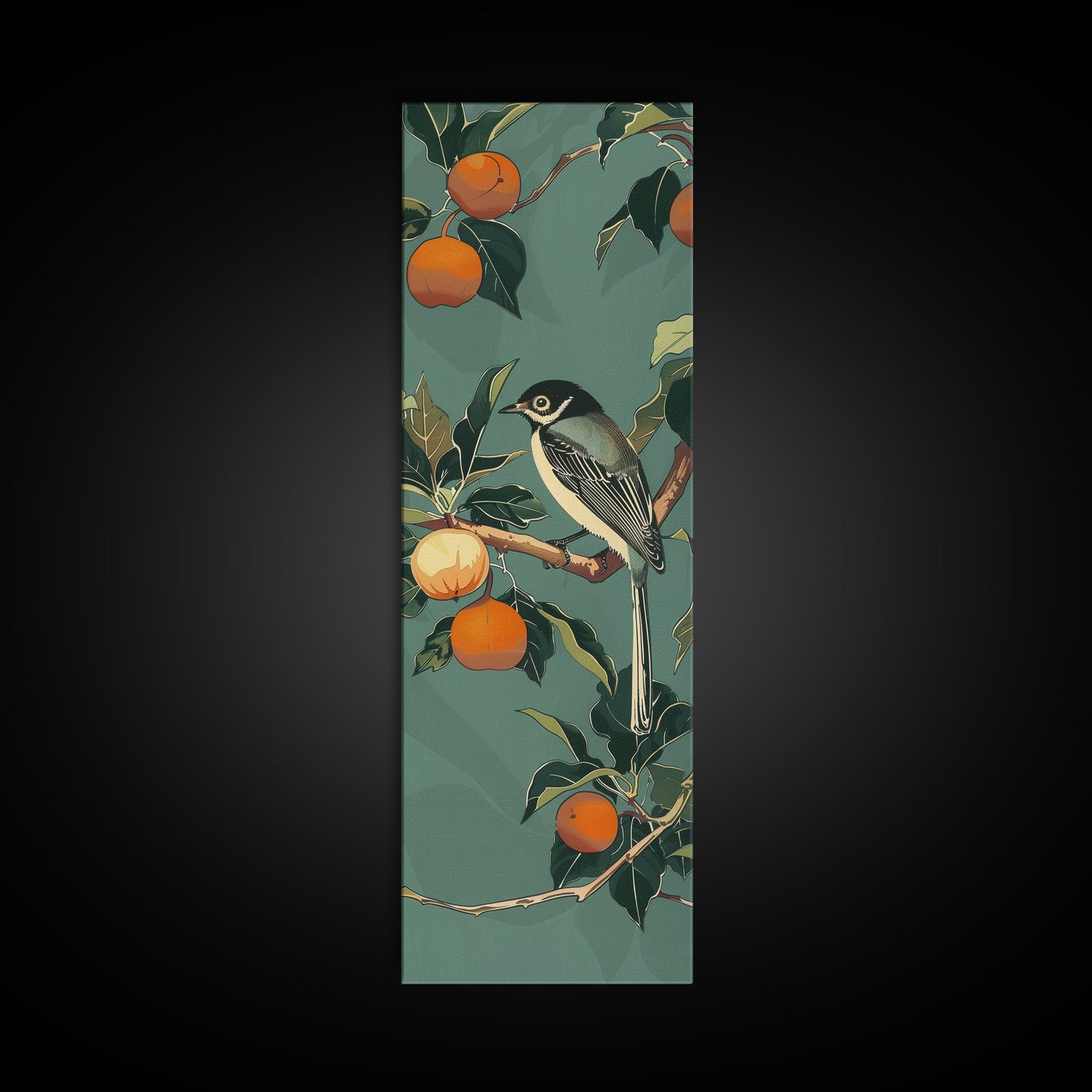 Elegant Bird Among Persimmons On A Green Canvas, Skinny Wall Art With Framed Canvas Print In Japanese Style Art For Feng Shui Decor