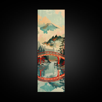 Atemberaubendes Motiv des Berges Fuji mit Spiegelung der roten Brücke, schmaler, hoher Leinwanddruck mit Rahmen, japanisches Wandbild im Feng-Shui-Stil