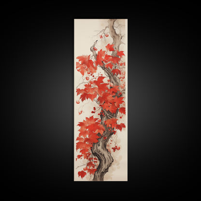 Striking Red Leaves And Berries On A Gnarled Tree, Tall Skinny Canvas Print For Feng Shui-Inspired Wall Art, Japanese Style Art