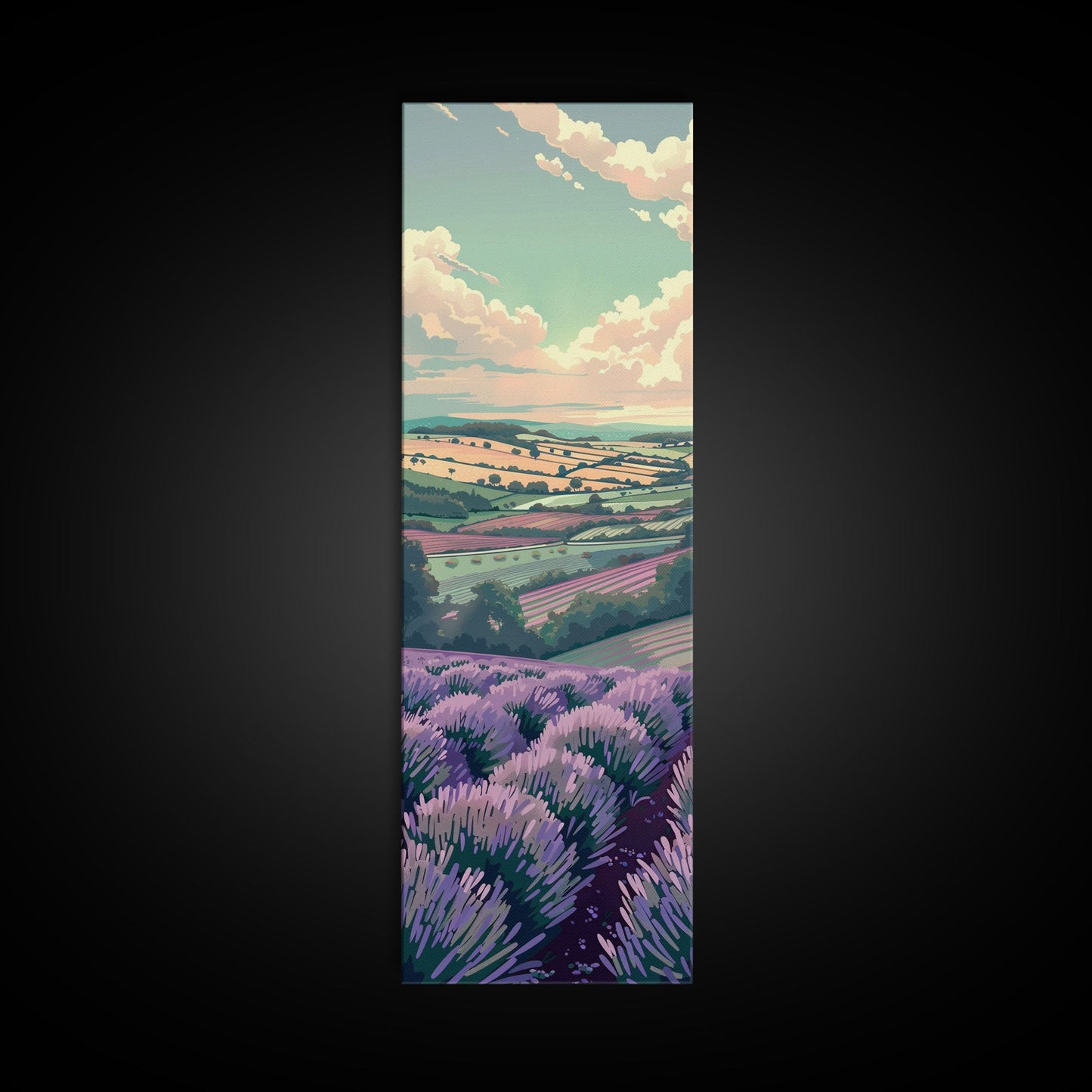 Lavender Fields With Rolling Hills - Skinny Art Tall Art Framed Canvas Print Japanese Style Art Ukiyo-e Art