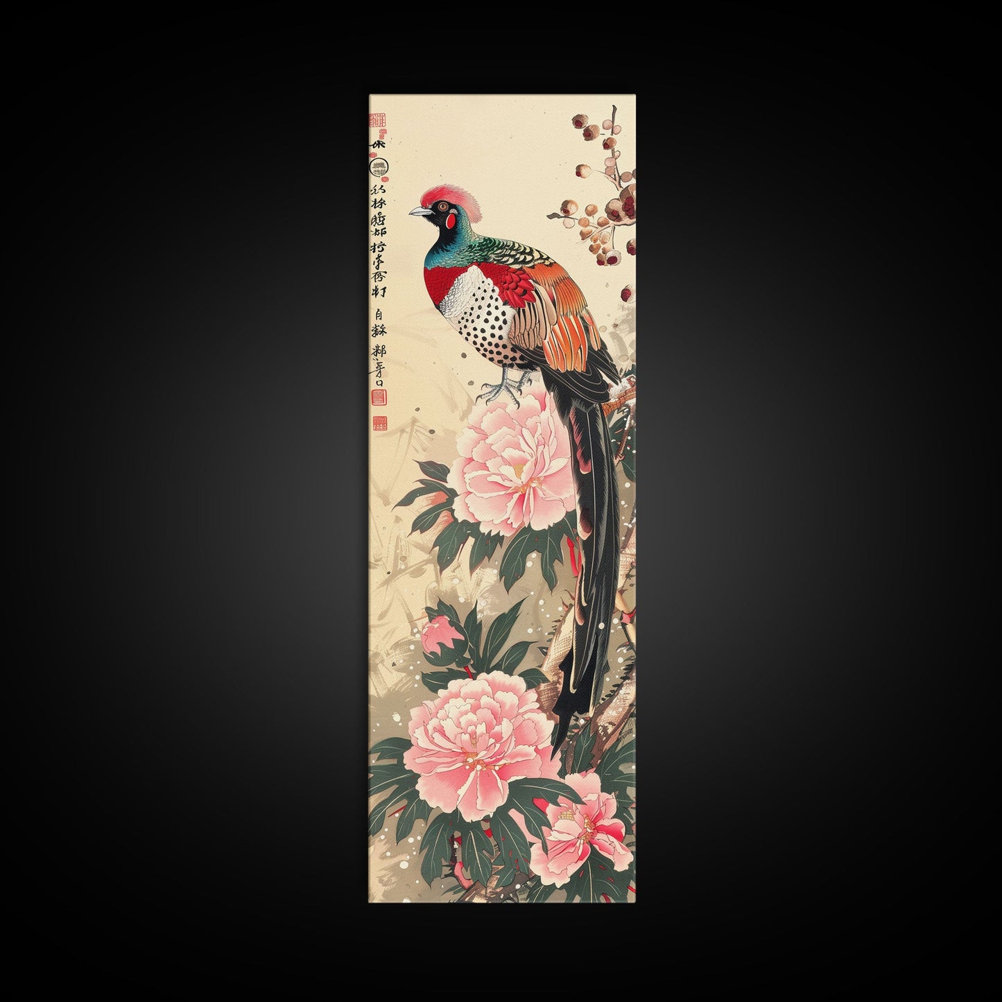 Majestic Pheasant Among Blossoms And Red Berries In Traditional Ukiyo-e Art Framed Canvas Print Japanese Style Skinny Art Tall Art