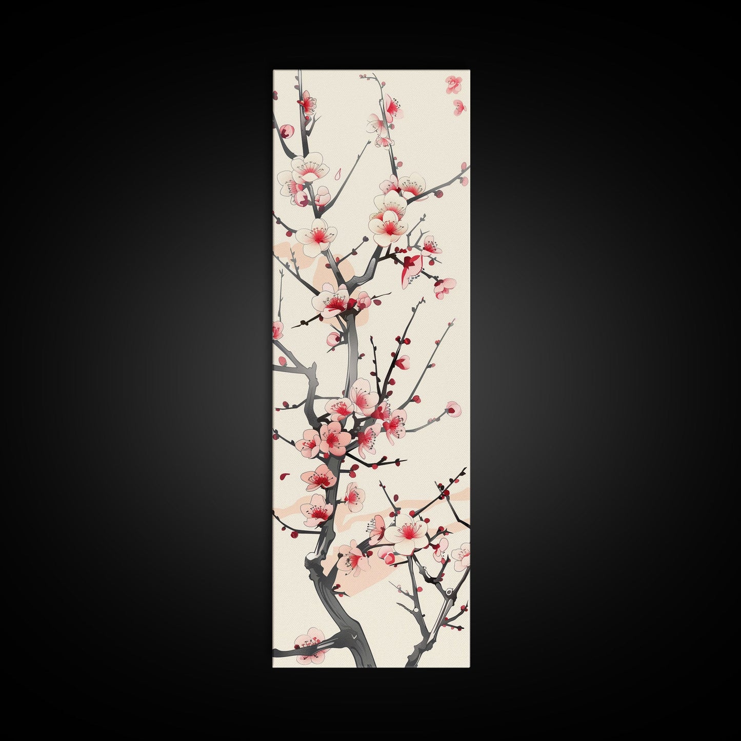 Delicate Plum Blossoms Skinny Art Tall Art Japanese Ukiyo-e Inspired Botanical Framed Canvas Print for Sophisticated Interiors