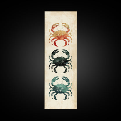 Coastal Crabs Skinny Art Tall Art Japanese Ukiyo-e Inspired Nautical Framed Canvas Print for Beach House or Ocean Lovers