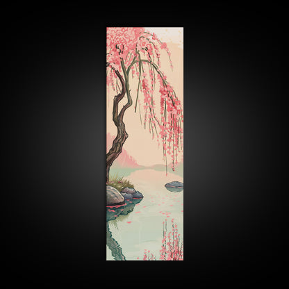 Serene Weeping Cherry Tree with Gentle Reflections in Water - Skinny Art, Japanese Wall Decor, Framed Canvas Print, Ukiyo-e Style
