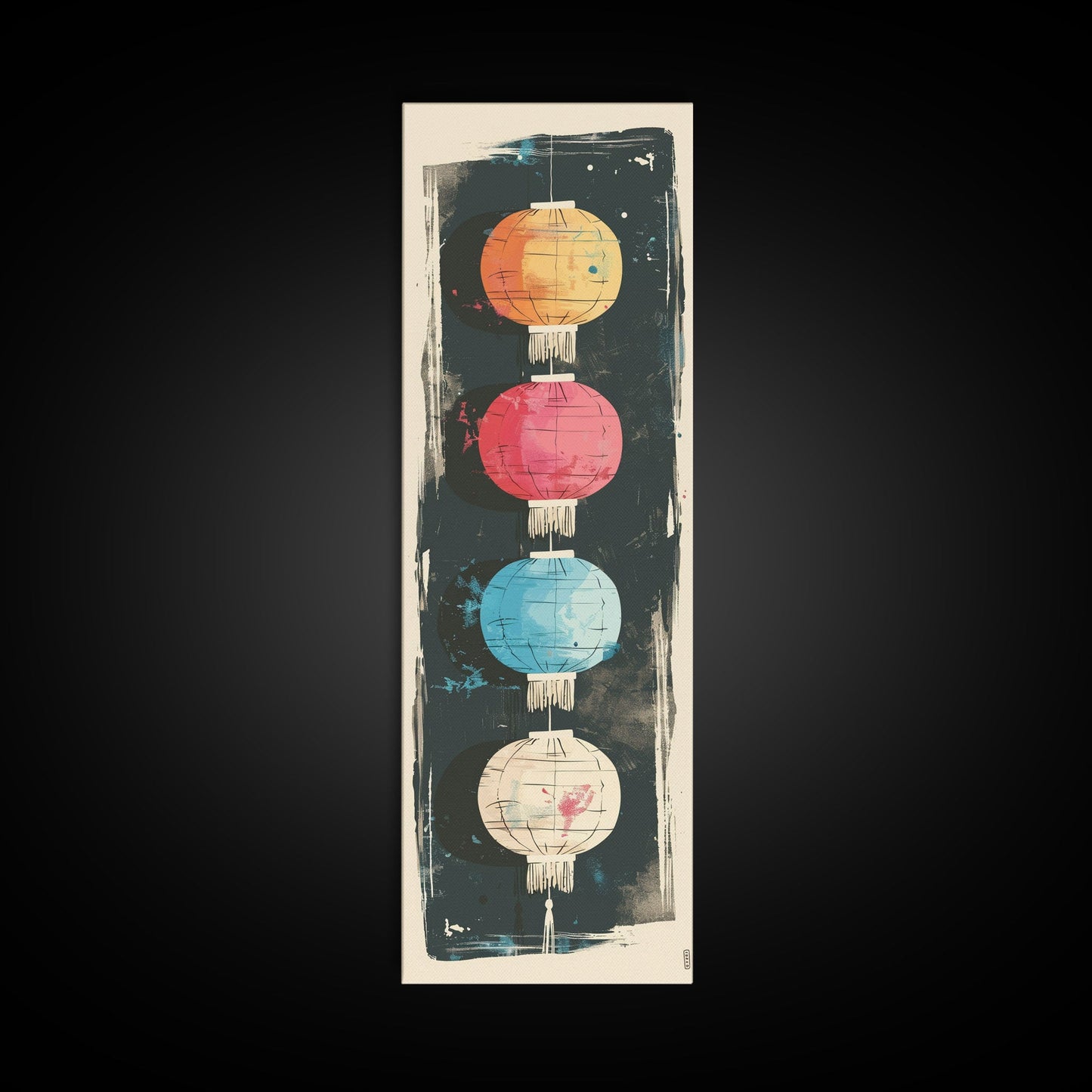 Colorful Lanterns Hanging in a Vertical Row with Abstract Background - Skinny Art, Japanese Wall Decor, Framed Canvas Print, Ukiyo-e Style
