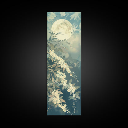 Delicate White Flowers and Full Moon in a Tranquil Night Setting - Skinny Art, Japanese Wall Decor, Framed Canvas Print, Ukiyo-e Style