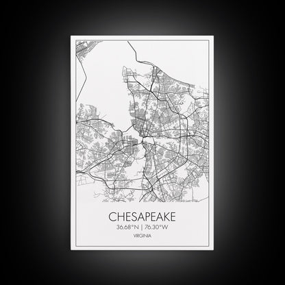 Chesapeake Street Map, Virginia Map, City Map Art, Modern Art, Wall Art, Canvas Print, Canvas Wall Art, Travel Art, Above Bed Décor