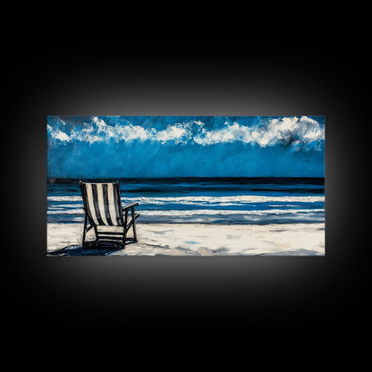 Beach Chair, coastal decor, nautical painting, seascape painting, ocean view, lake Tahoe art, blue and green wall art, Framed Canvas Print, surf