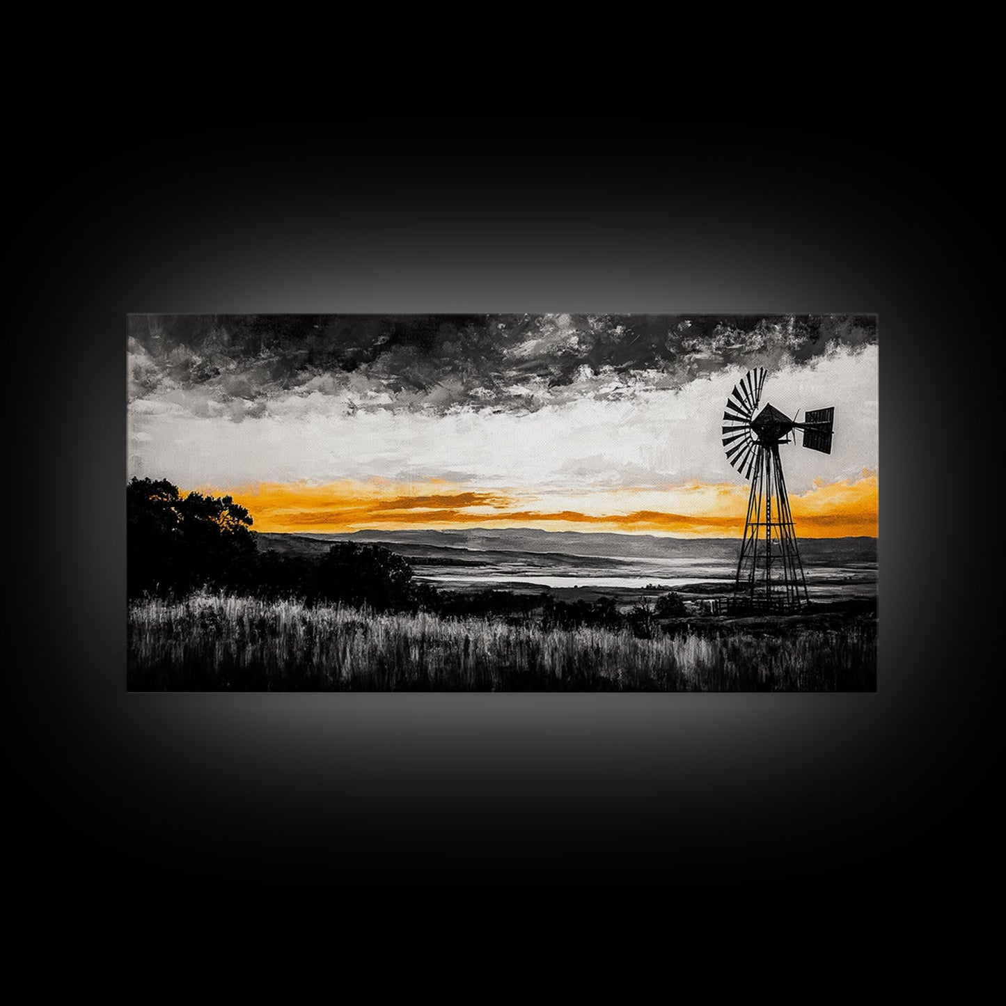 Windmill Sunset, windmill wall art, rustic decor, farmhouse art, landscape painting, extra wide art, framed canvas print, panoramic art