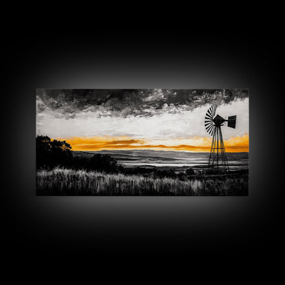 Windmill Sunset, windmill wall art, rustic decor, farmhouse art, landscape painting, extra wide art, framed canvas print, panoramic art