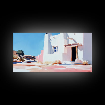 Adobe house, southwest art, rustic decor, framed canvas print, landscape painting, minimalist art, extra wide art, Joshua tree art