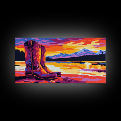 Cowboy boots, lake sunset, mountain painting, rustic western art, farmhouse decor, vibrant colors, extra wide art, canvas print