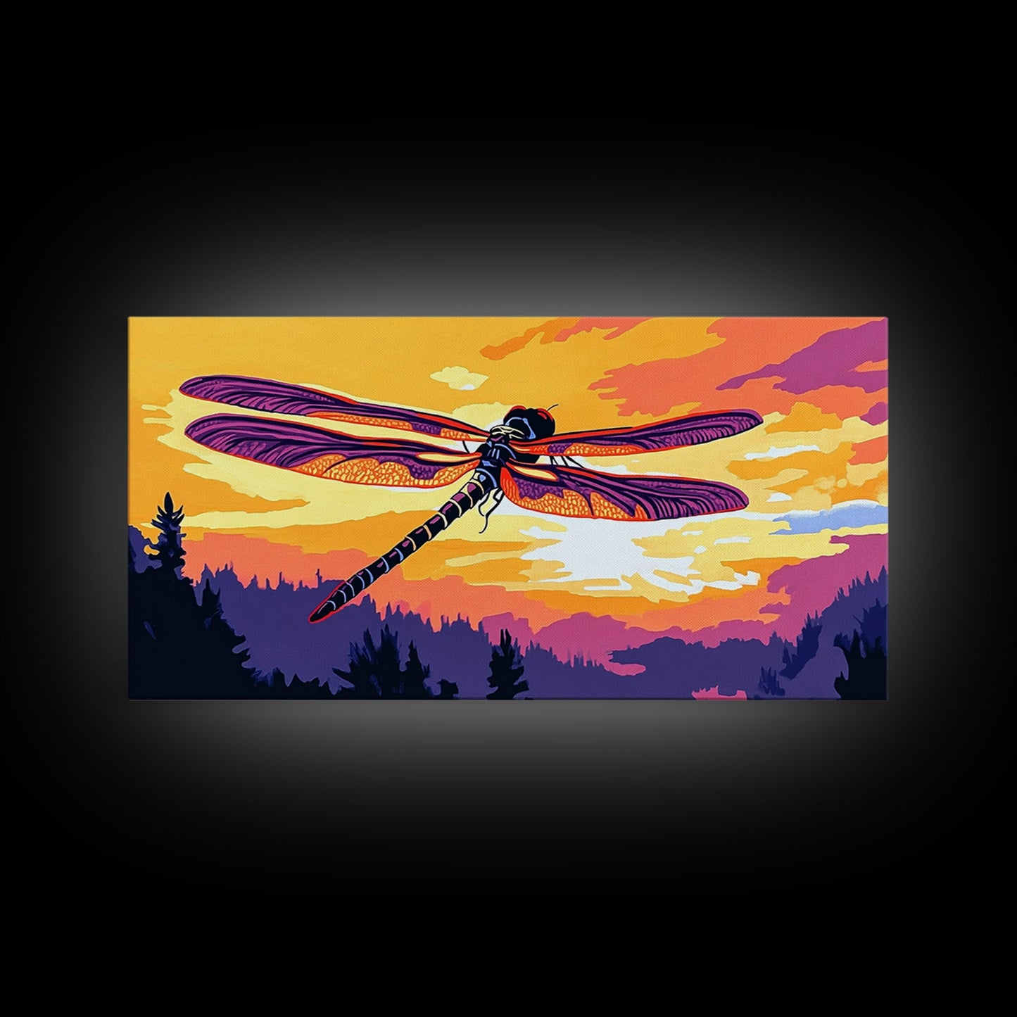 Dragonfly Glow, whimsical art, nature painting, wildflower painting, botanical prints, pink orange wall art, framed canvas print