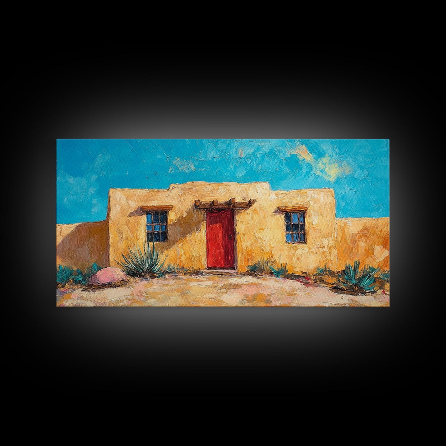 Pueblo Village, Moon Oil Painting, Southwest Wall Art, Rustic Landscape, Moody Art, Extra Wide Art, Desert Scene, Framed Canvas Print