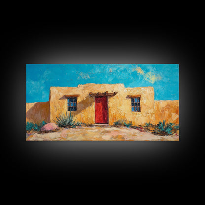 Pueblo Village, Moon Oil Painting, Southwest Wall Art, Rustic Landscape, Moody Art, Extra Wide Art, Desert Scene, Framed Canvas Print