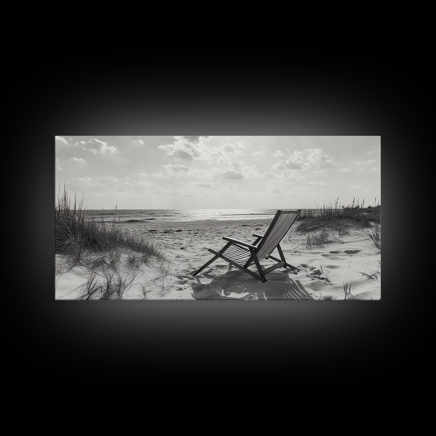 Beach Chair, Coastal Landscape Art, Minimalist Art, Wabi Sabi Art, Ocean View Print, Relaxing Decor, Framed Canvas Print, Nautical Wall Art