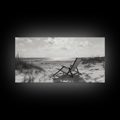 Beach Chair, Coastal Landscape Art, Minimalist Art, Wabi Sabi Art, Ocean View Print, Relaxing Decor, Framed Canvas Print, Nautical Wall Art