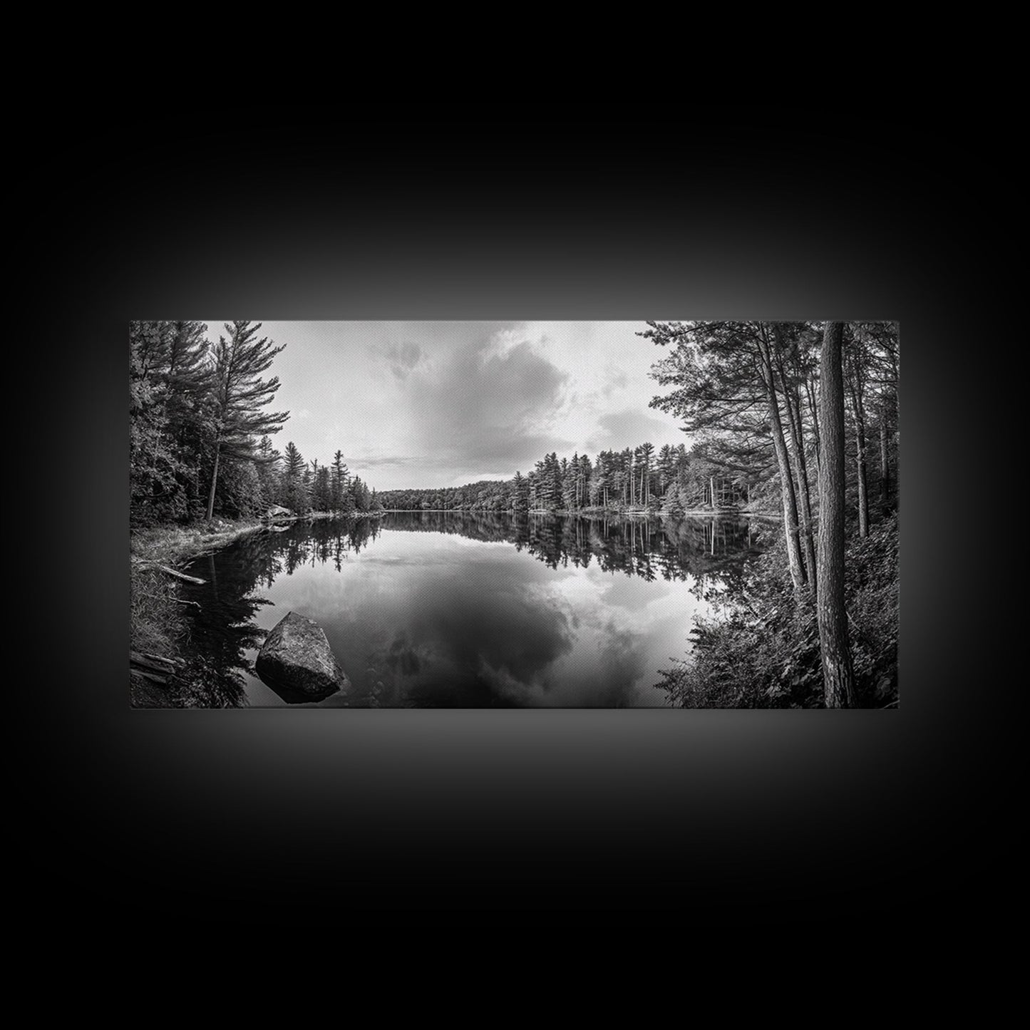 Lake reflection, pine tree art, landscape painting, wabi sabi art, rustic decor, panoramic painting, extra wide art, framed canvas print