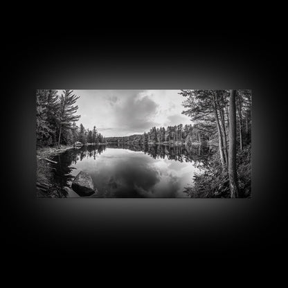 Lake reflection, pine tree art, landscape painting, wabi sabi art, rustic decor, panoramic painting, extra wide art, framed canvas print