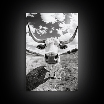 Texas Longhorn Close-up, bull and bear art, western decor, farmhouse art, rustic wall art, cowboy painting, framed canvas print