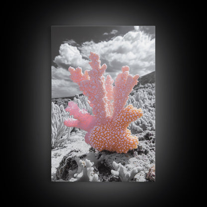 Ocean coral, coastal decor, nautical painting, framed canvas print, marine life art, whimsical ocean scene, tropical beach house wall art