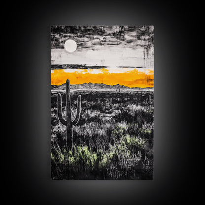 Cactus Sunset, black and white, moody desert art, yellow skyline, Joshua tree art, framed canvas print, extra wide art, rustic decor