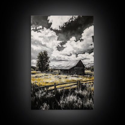 Rustic Barn, Farmhouse Art, Canvas Print, rustic wall art, barn landscape oil painting, smoky mountain art, wabi sabi wall art, vintage Christmas