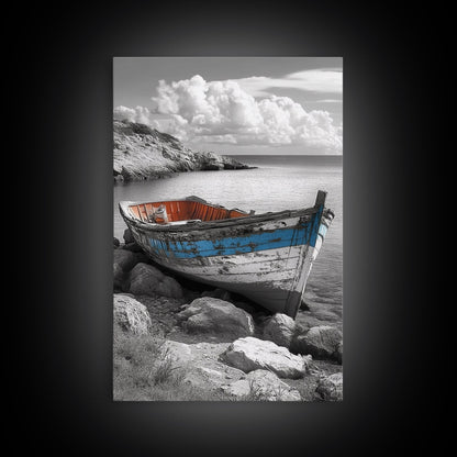 Rustikales Bootsbild, Küstendeko, Maritime Wandkunst, Seestück, Strandhauskunst, Geschenkidee, Leinwanddruck, Wabi-Sabi-Kunst