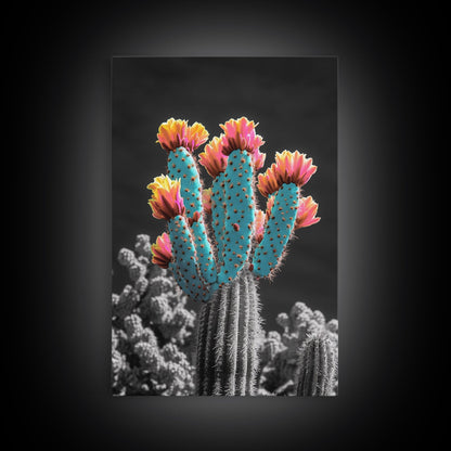 Cactus, desert flowers, vibrant nature art, framed canvas print, boho wall decor, southwest wall art, floral painting, Joshua tree art