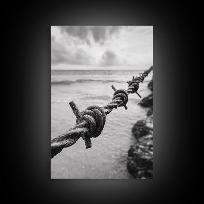 Barbed Wire, ocean view, rustic decor, coastal cowgirl wall art, wabi sabi art, moody photography, framed canvas print, minimalist art