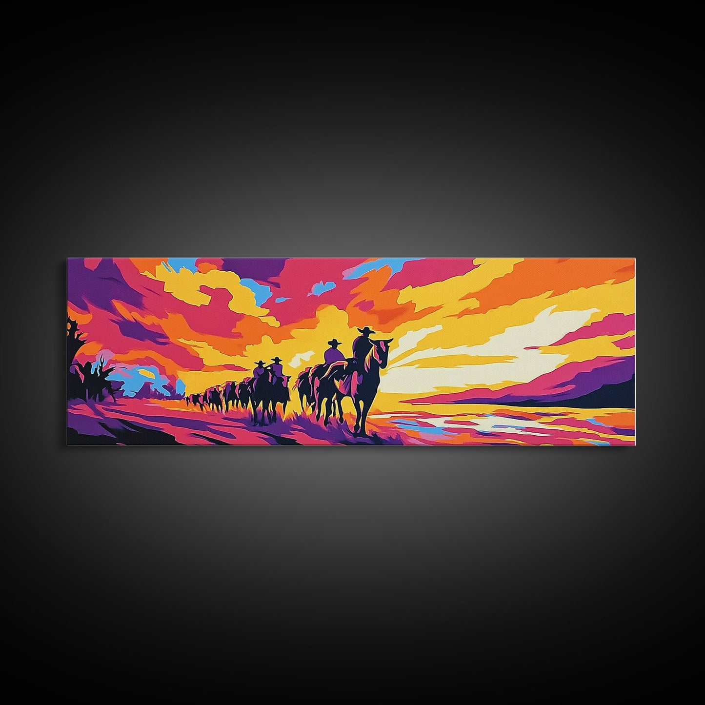 Cowboy Trail, sunset painting, southwest wall art, western decor, gift idea, extra wide art, panoramic painting, canvas print, rustic art